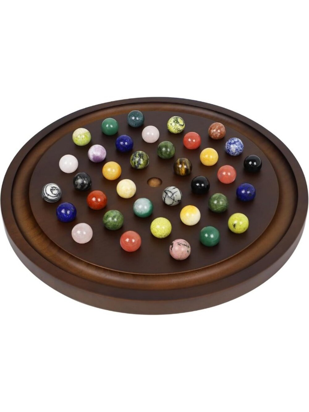 Handmade Large Wooden Solitaire Game Set with 36 Natural Marbles - Classic Board